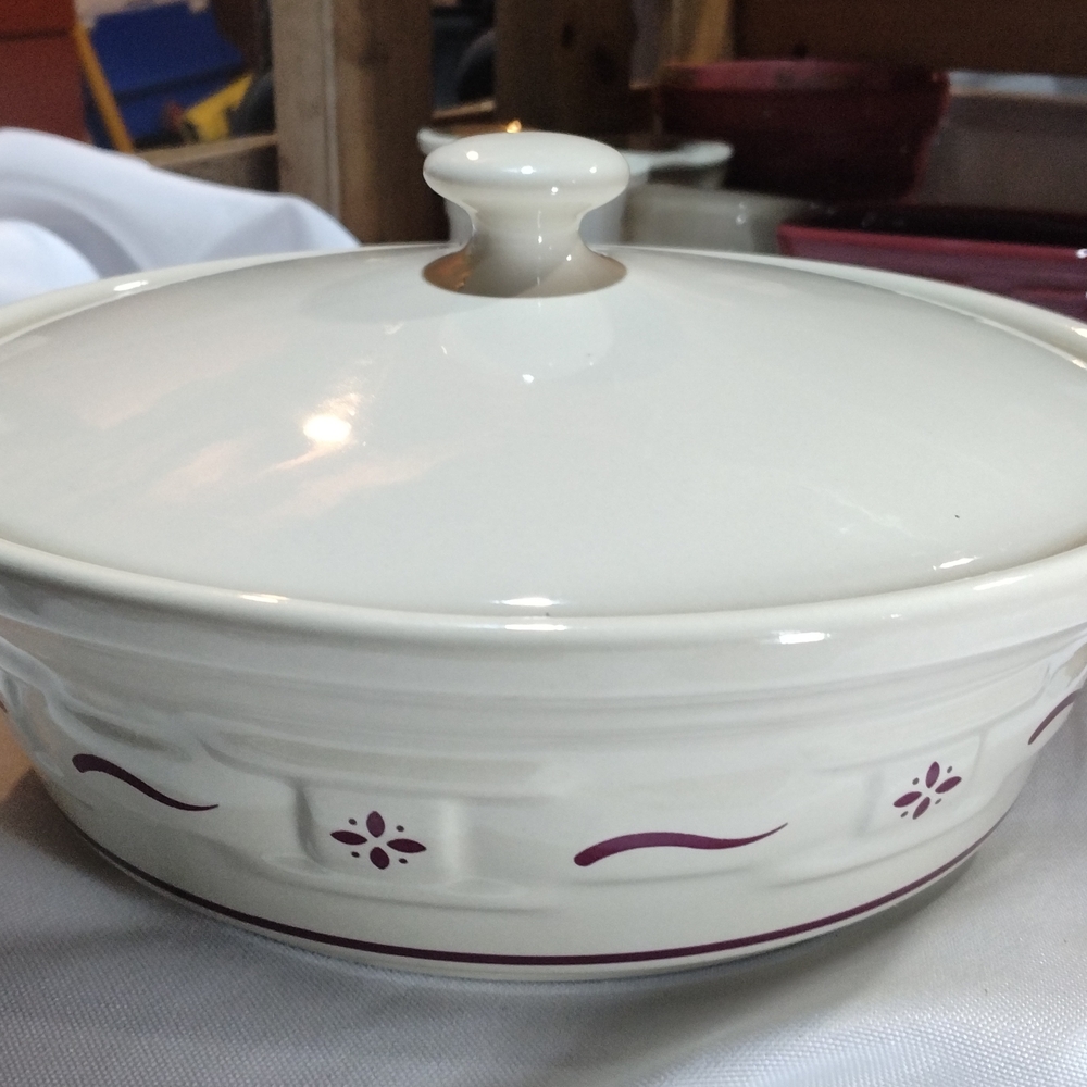 Longaberger Cream and Purple Covered Dish